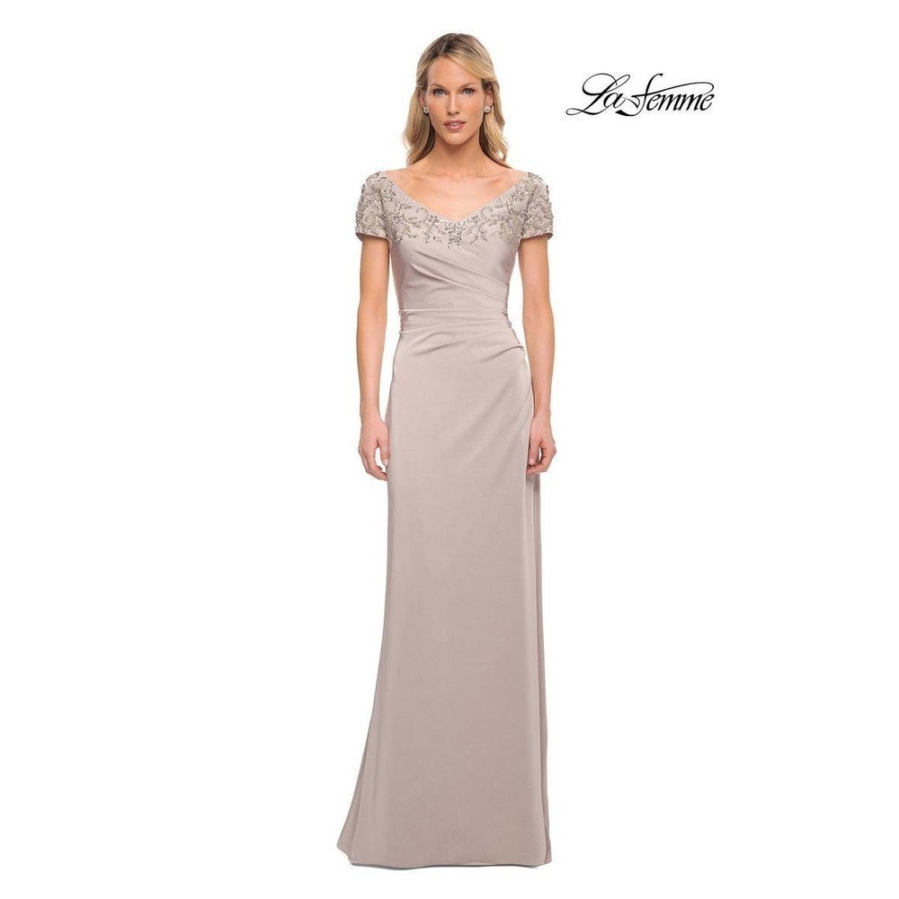 La Femme Crystal Detail Cap Sleeve Jersey Sheath Gown in Silver Size 12 NWT